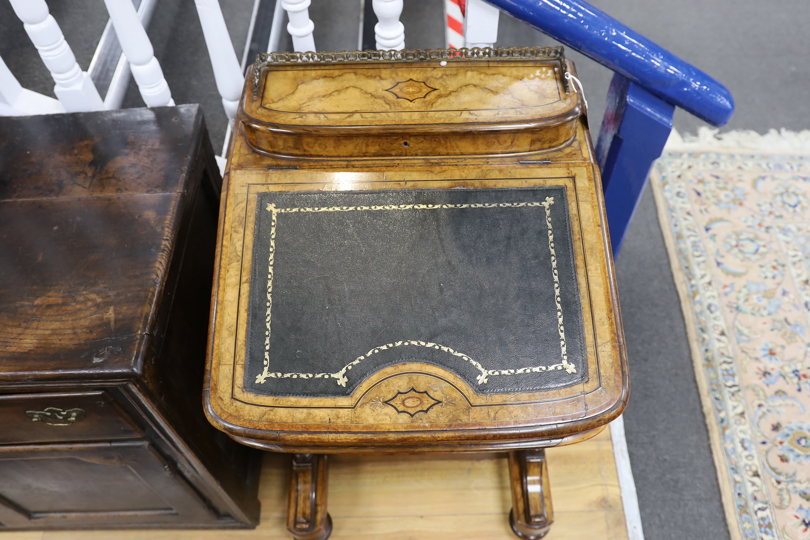 A late Victorian inlaid burr walnut Davenport, width 54cm, depth 54cm, height 88cm